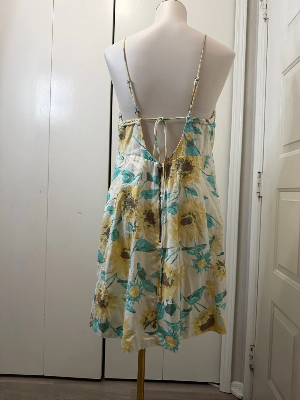 Free People Cream Floral Backless Mini Dress with Teal and Mustard Print - Picture 5 of 9